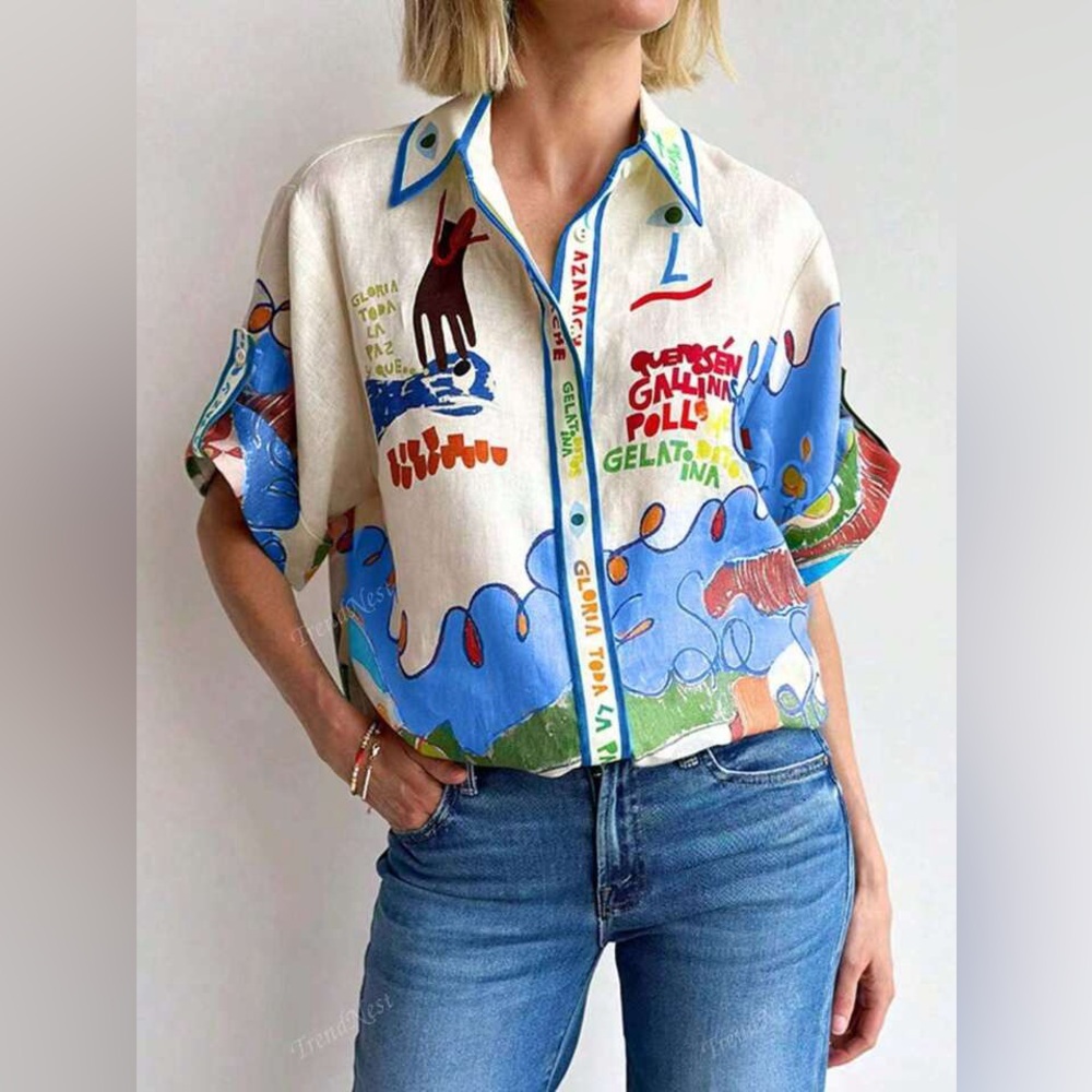 Linen Graffiti Shirt, Single-Breasted Multi-Button